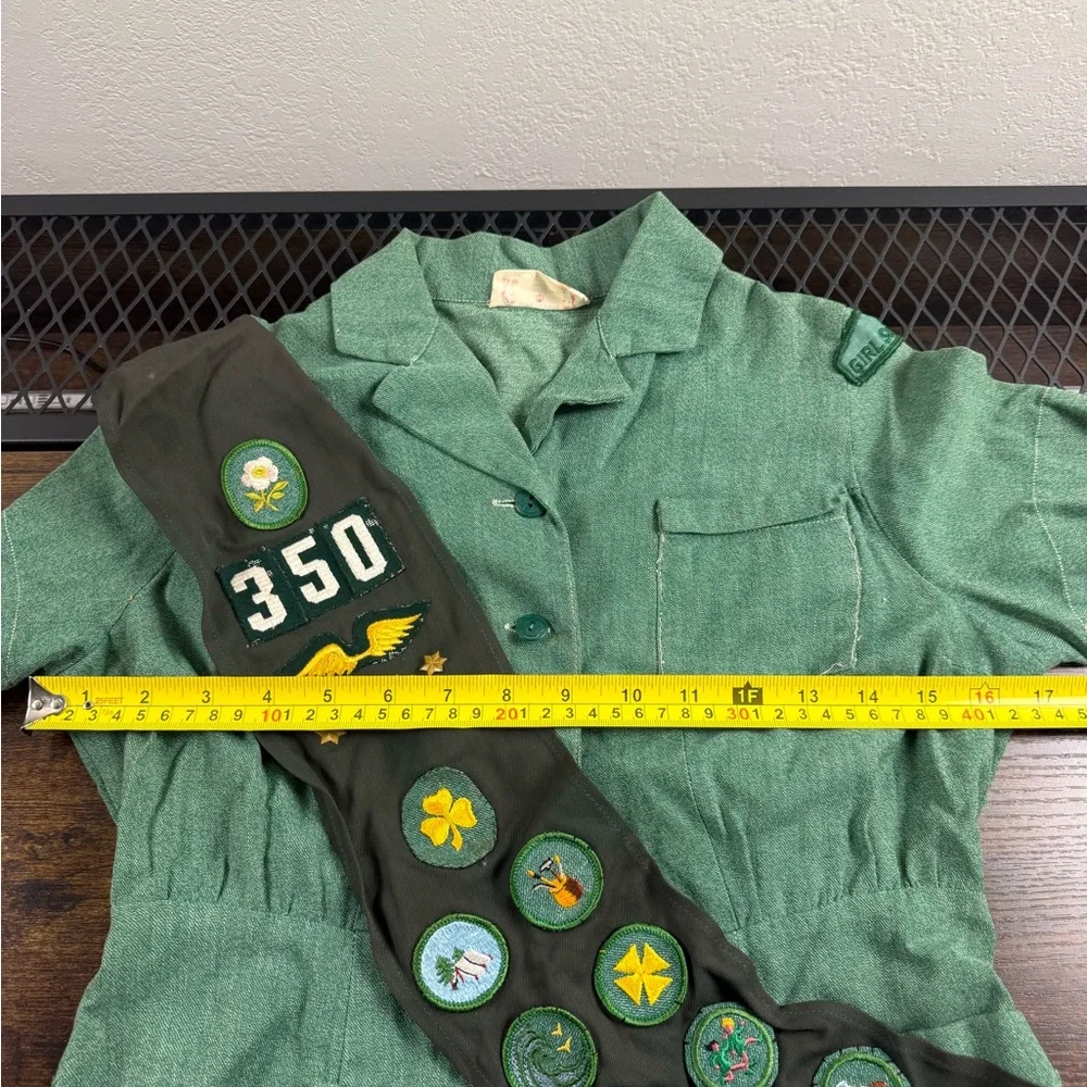 Vintage Girl Scouts USA Uniform Dress & Sash Merit Badges 350 Sanforized Green M